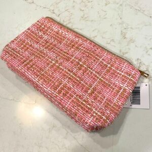 Purse Clutch Cosmetic Bag Preppy Pink Tweed Gold-Tone Zipper 11.75” x 6”
